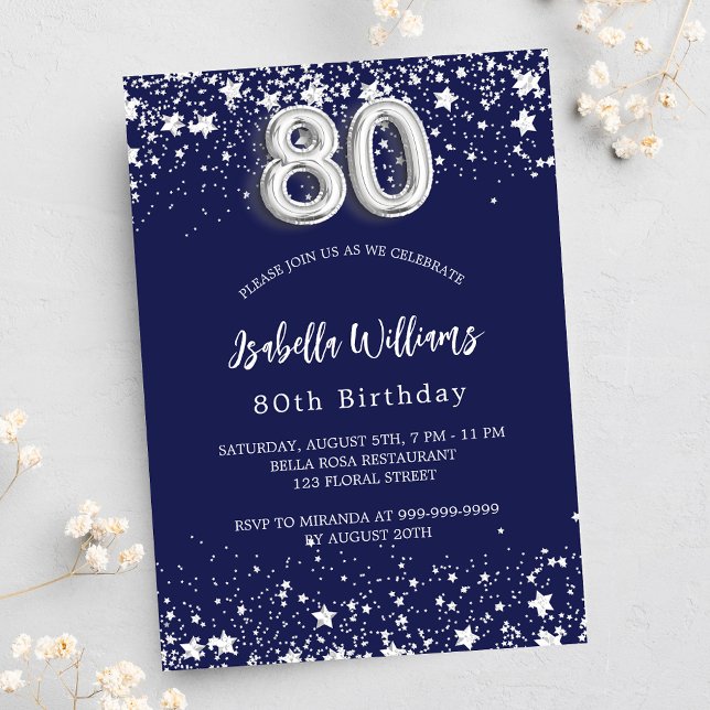 80th birthday navy blue silver stars invitation (Creator Uploaded)