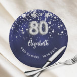 80th Birthday navy blue silver stars Paper Plate<br><div class="desc">For a 80th birthday celebration. A navy blue background colour with faux silver stars. The blue colour is uneven.  Add your name,  text.</div>