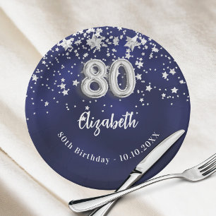 80th Birthday navy blue silver stars Paper Plate