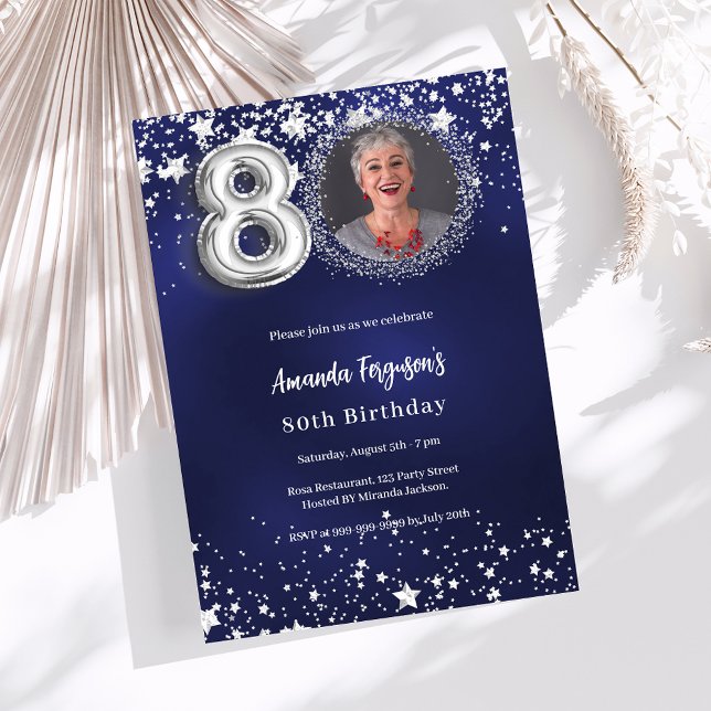 80th birthday navy blue silver stars photo invitation (Creator Uploaded)