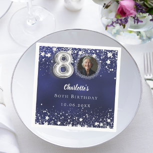 80th birthday navy blue silver stars photo napkin