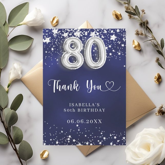 80th birthday navy blue silver stars thank you card (Creator Uploaded)