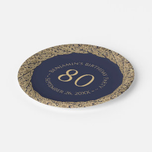 80th Birthday Navy Blue Vintage Gold Roses Elegant Paper Plate