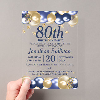 80th Birthday Navy Gold Balloons Party Acrylic Invitations