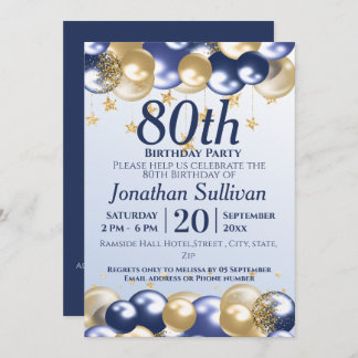 80th Birthday Navy Gold Balloons Party Invitation