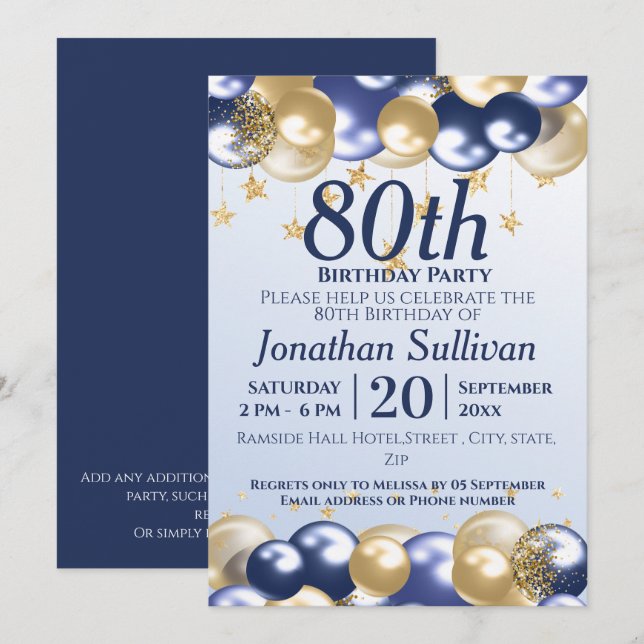 80th Birthday Navy Gold Balloons Party Invitation (Front/Back)