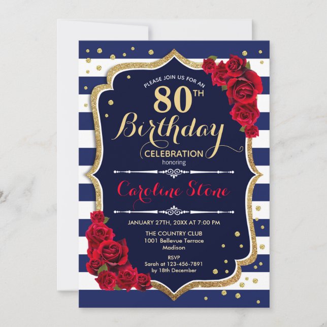 80th Birthday - Navy White Stripes and Red Roses Invitation (Front)