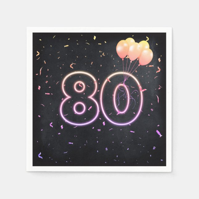80th Birthday Neon Sign On Black Napkins (Front)