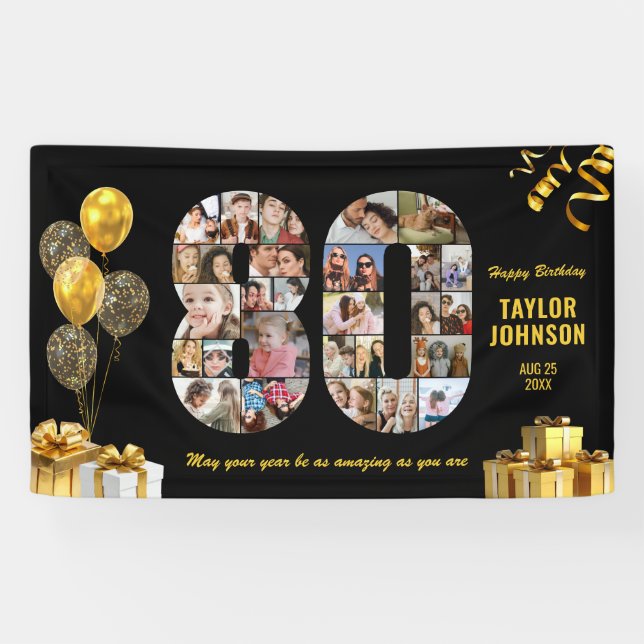 80th Birthday Number 80 Photo Collage Black Gold Banner (Horizontal)