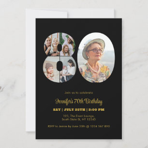 80th Birthday Number 80 Photo Collage Modern Black Invitation