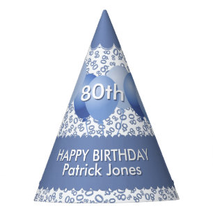 80th Birthday Number Pattern Blue/White Scallops Party Hat