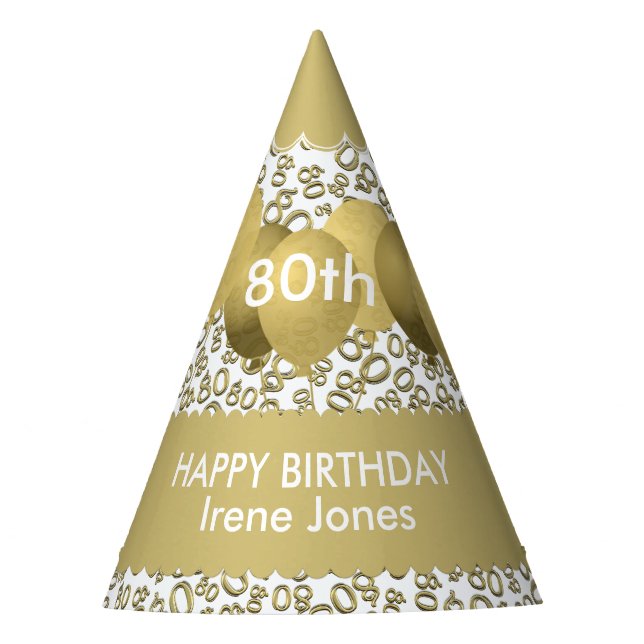 80th Birthday Number Pattern Gold/White Scallops Party Hat (Front)