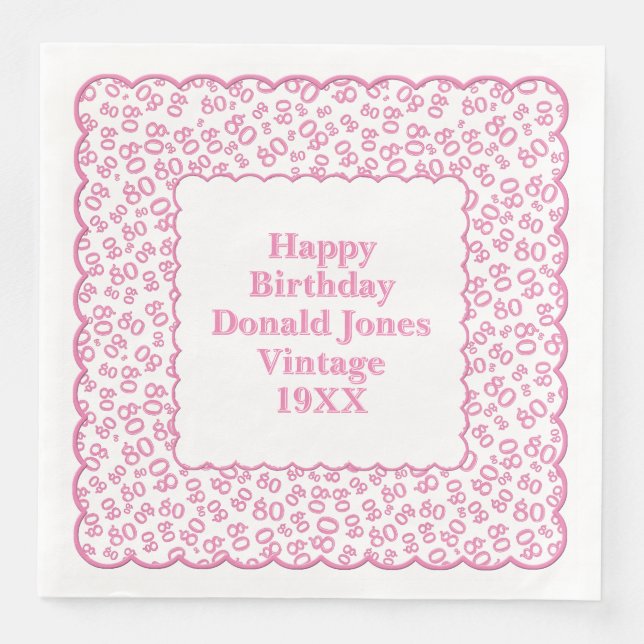 80th Birthday Number Pattern Scallops Pink/White Napkin (Front)