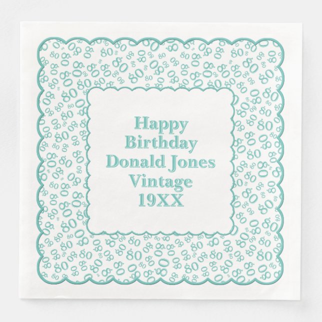 80th Birthday Number Pattern Scallops Teal/White Napkin (Front)
