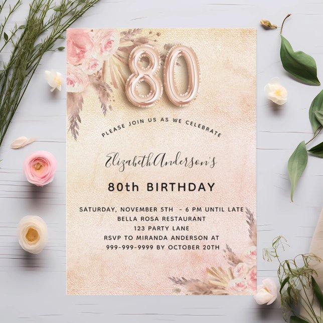 80th birthday pampas grass rose flowers invitation (Creator Uploaded)