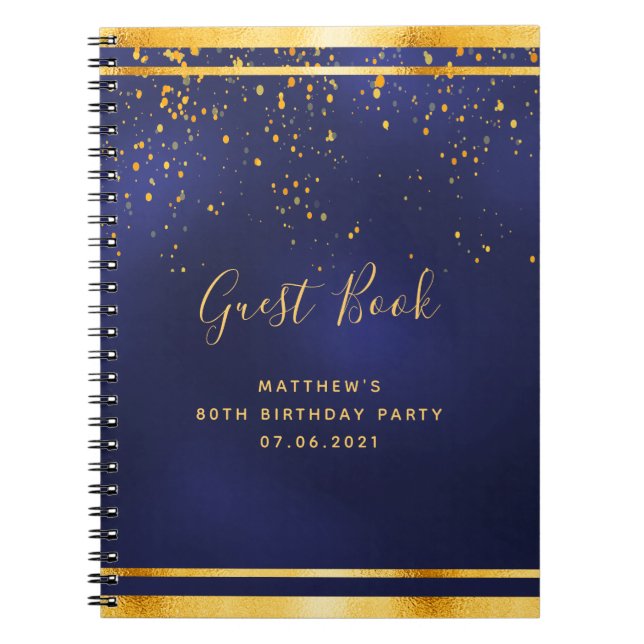 80th Birthday Party 80 dark blue gold guest book (Front)