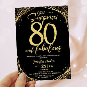 80th Birthday Party 80 Fabulous Black Gold Glitter Invitation