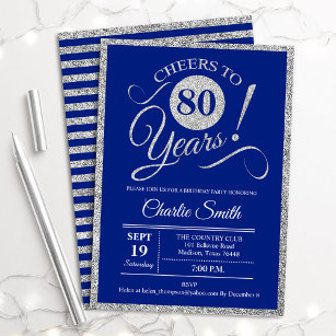 80th Birthday Party - ANY AGE Silver Royal Blue Invitation