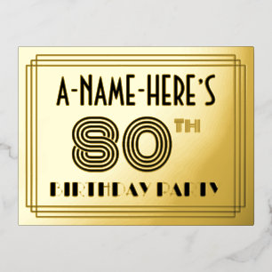 80th Birthday Party ~ Art Deco Style “80” + Name Foil Invitation Postcard