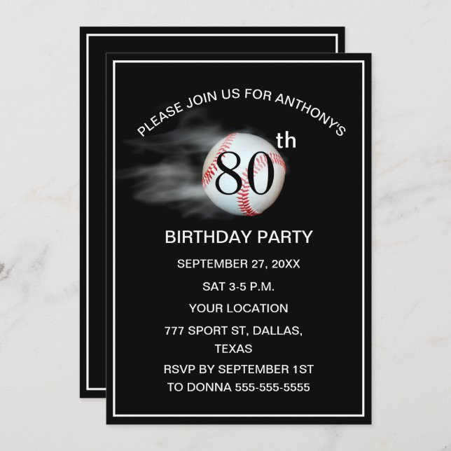 80th Birthday Party Baseball Black Dad Sport  Invitation (Front/Back)
