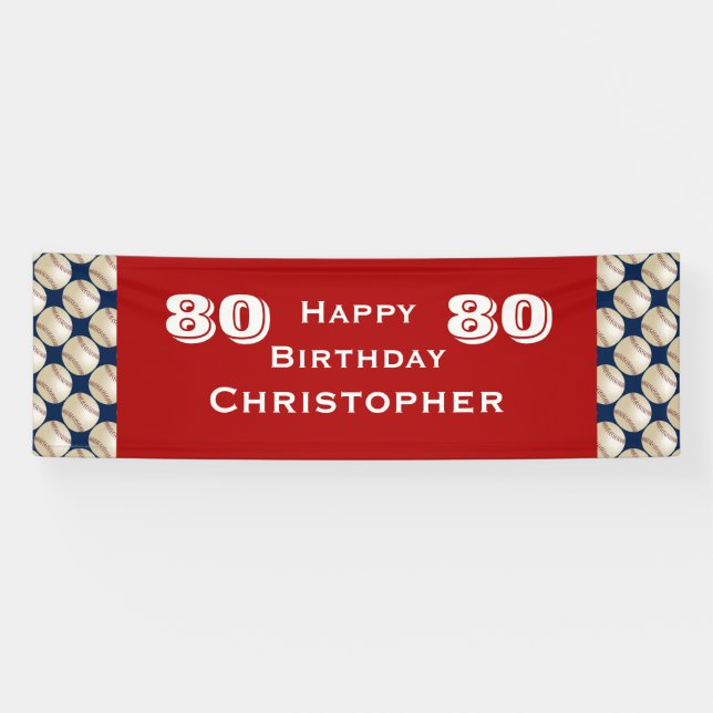 80th Birthday Party Baseball, Name, Red Blue White Banner (Horizontal)