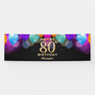80th Birthday Party Black and Gold Balloons Banner