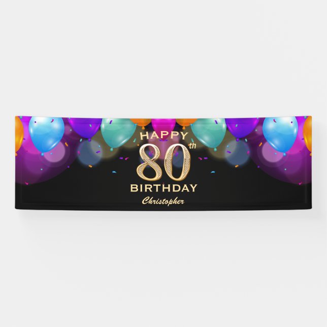 80th Birthday Party Black and Gold Balloons Banner (Horizontal)