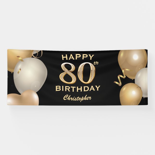 80th Birthday Party Black and Gold Balloons Banner (Horizontal)