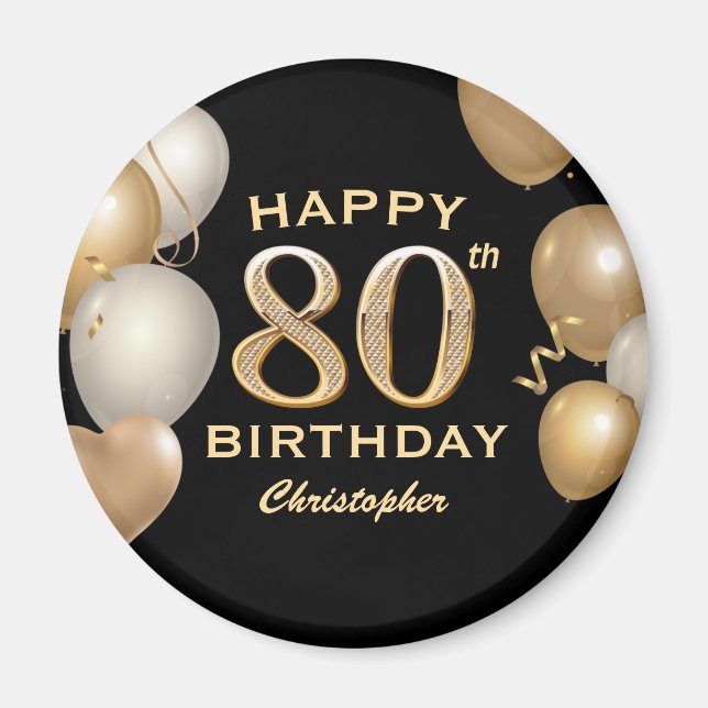 80th Birthday Party Black and Gold Balloons Magnet (Front)