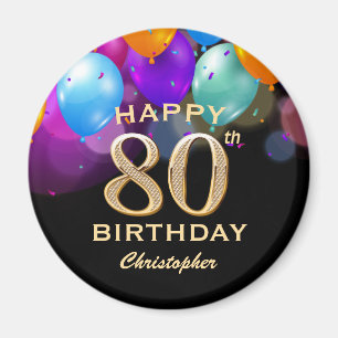80th Birthday Party Black and Gold Balloons Magnet