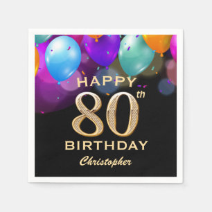 80th Birthday Party Black and Gold Balloons Napkin