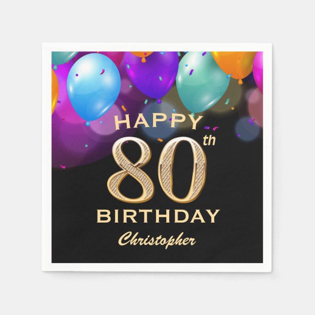 80th Birthday Party Black and Gold Balloons Napkin (Front)