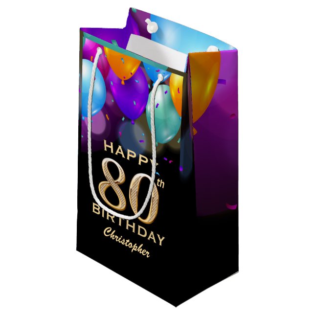 80th Birthday Party Black and Gold Balloons Small Gift Bag (Front Angled)