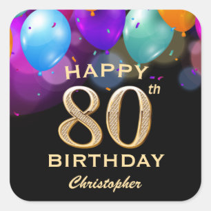 80th Birthday Party Black and Gold Balloons Square Sticker