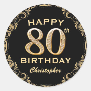 80th Birthday Party Black and Gold Glitter Frame Classic Round Sticker
