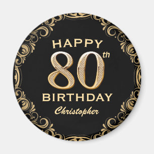 80th Birthday Party Black and Gold Glitter Frame Magnet