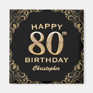 80th Birthday Party Black and Gold Glitter Frame Magnet