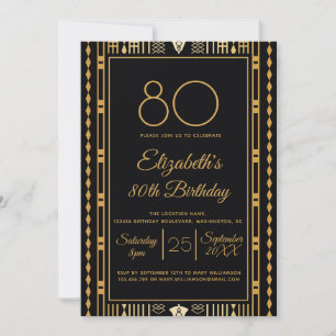 80th Birthday Party Black Gold Elegant Customise Invitation