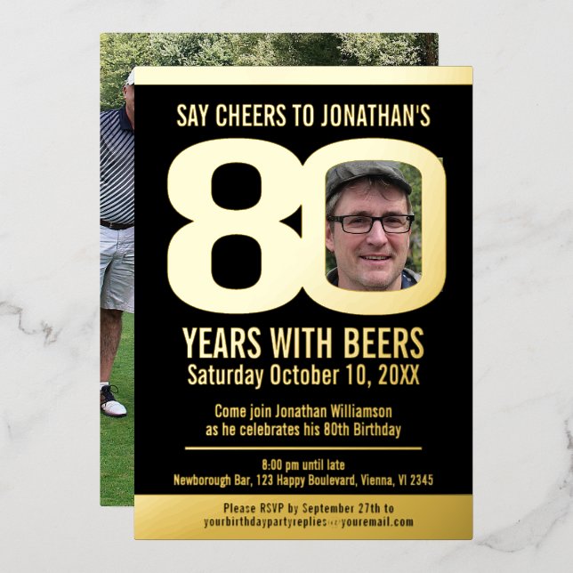 80th Birthday party black gold foil photo beer (Front/Back)