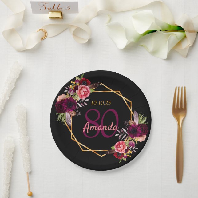 80th birthday party black gold geo floral burgundy paper plate (Wedding)