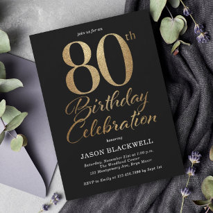 80th Birthday Party Black & Gold Invitation
