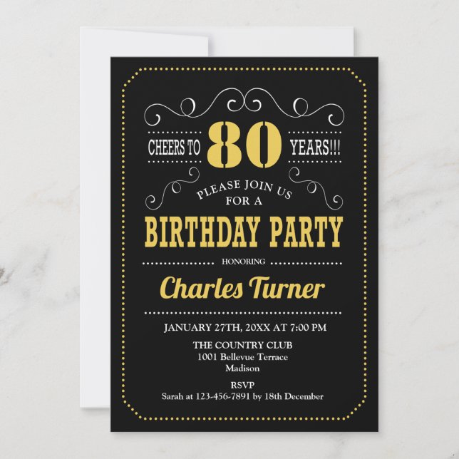 80th Birthday Party - Black Gold White Invitation (Front)