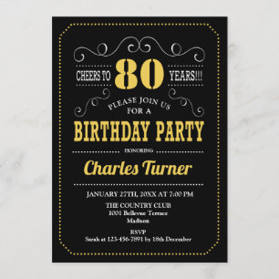 80th Birthday Party - Black Gold White Invitation