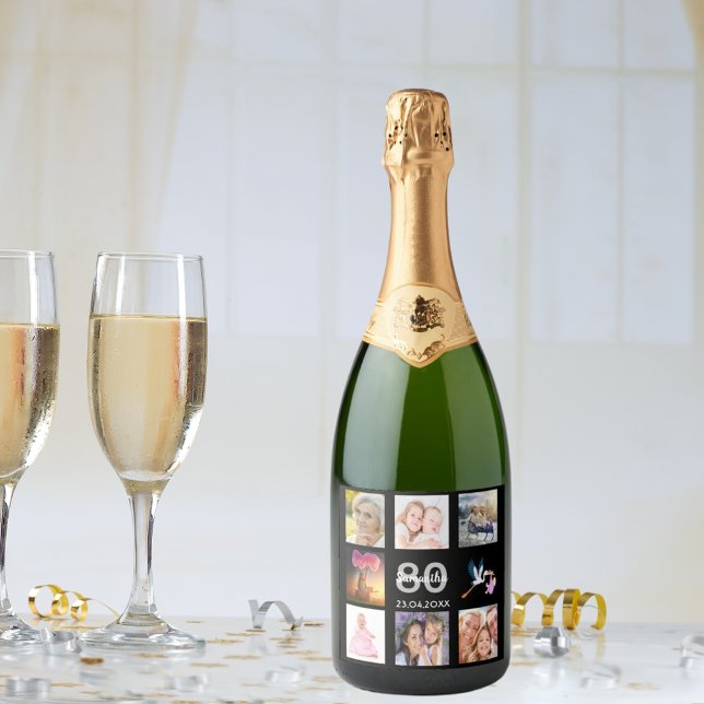 80th birthday party black photo collage sparkling wine label (Creator Uploaded)