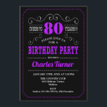 80th Birthday Party - Black Purple Invitation<br><div class="desc">80th Birthday Party Invitation.
Elegant black,  purple and white retro design with chalkboard pattern and script font. Cheers to 80 years! Message me if you need further customization.</div>