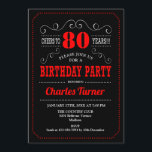80th Birthday Party - Black Red White Invitation<br><div class="desc">80th Birthday Party Invitation.
Elegant black,  red and white retro design with chalkboard pattern and script font. Cheers to 80 years! Message me if you need further customization.</div>