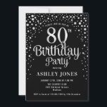 80th Birthday Party - Black & Silver Invitation<br><div class="desc">80th Birthday Party Invitation.
Elegant design in black and faux glitter silver. Features stylish script font and confetti. Message me if you need custom age.</div>