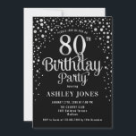 80th Birthday Party - Black & Silver Invitation<br><div class="desc">80th Birthday Party Invitation.
Elegant design in black and faux glitter silver. Features stylish script font and confetti. Message me if you need custom age.</div>