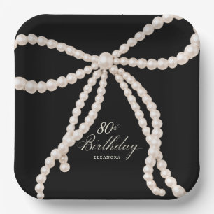 80th Birthday Party Black White Pearl Bow Elegant Paper Plate