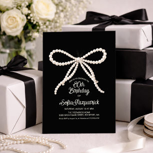 80th Birthday Party Black White Pearl Bow Invitation